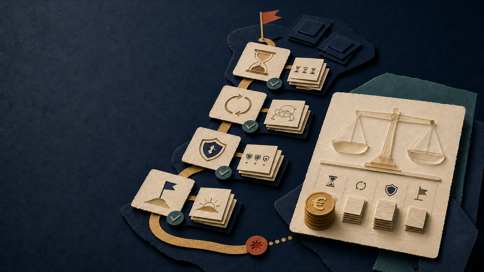A tactile paper-cut evidence ledger: a process route of cards leads to a balance scale and a small stacked euro coin token, making the cost of unresolved process pain visible.