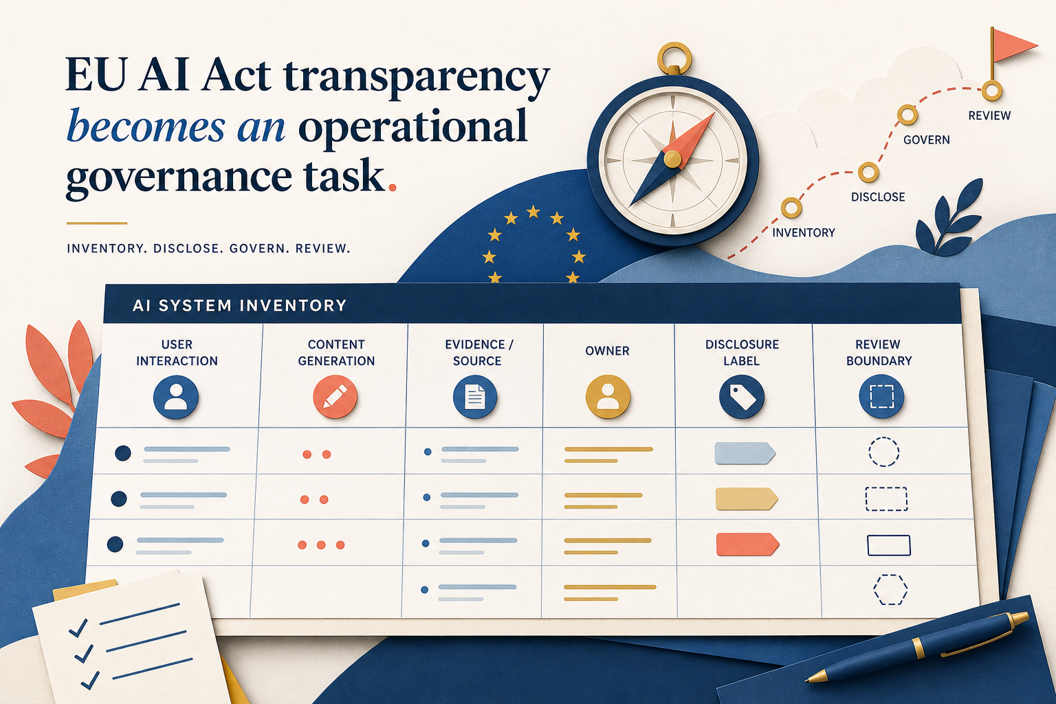 A practical AI transparency requirement trace showing the path from AI use to disclosure, accountable owner and retained evidence.
