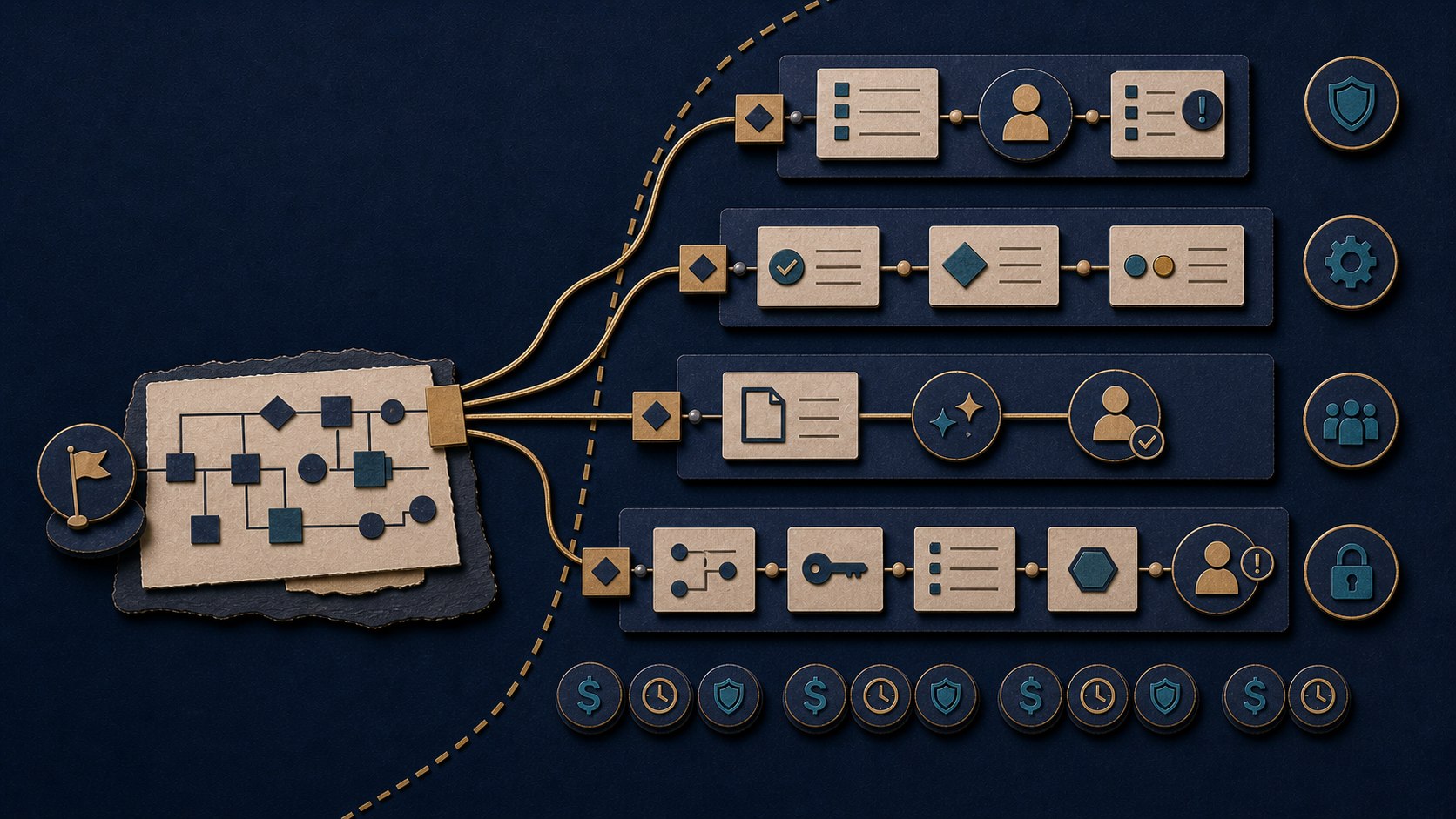 A tactile paper-cut future-state model showing a current-state work map leading into four controlled options: stabilise, automate stable seams, bounded AI assistance and a governed agentic workflow with permissions, audit trail, stop gate and human exception handoff.