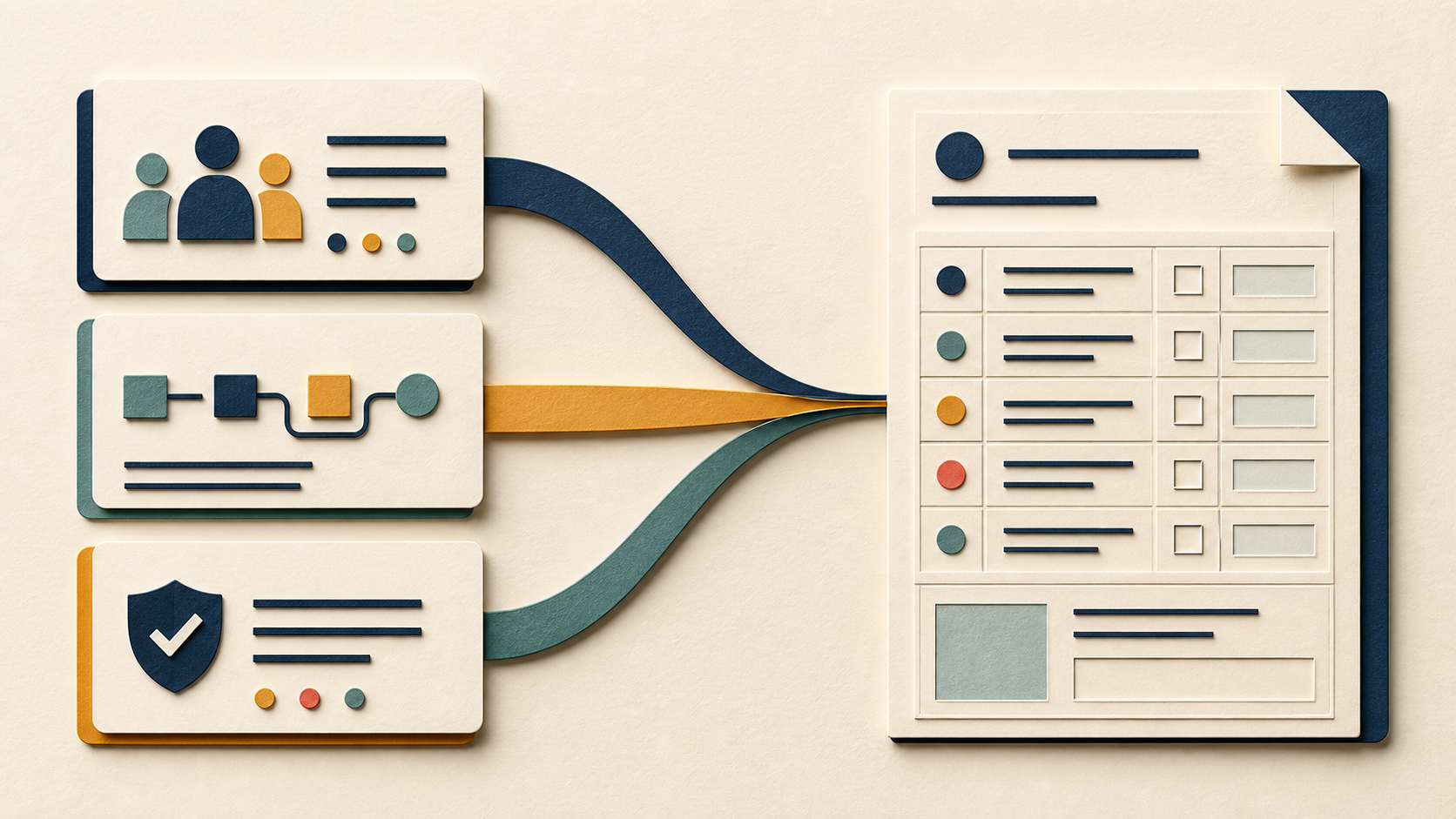 A paper-cut process evaluation of people, workflow and controls flowing into a structured requirements document.