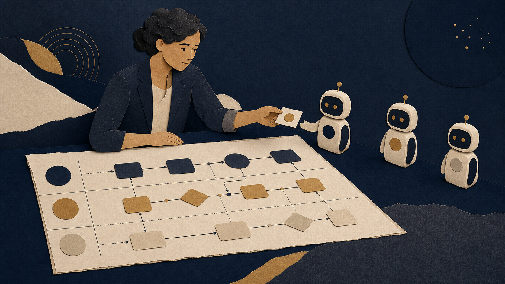 A human decision-maker oversees a workflow map, handing a gold task card to a bounded agent while two other agents wait for a defined task.