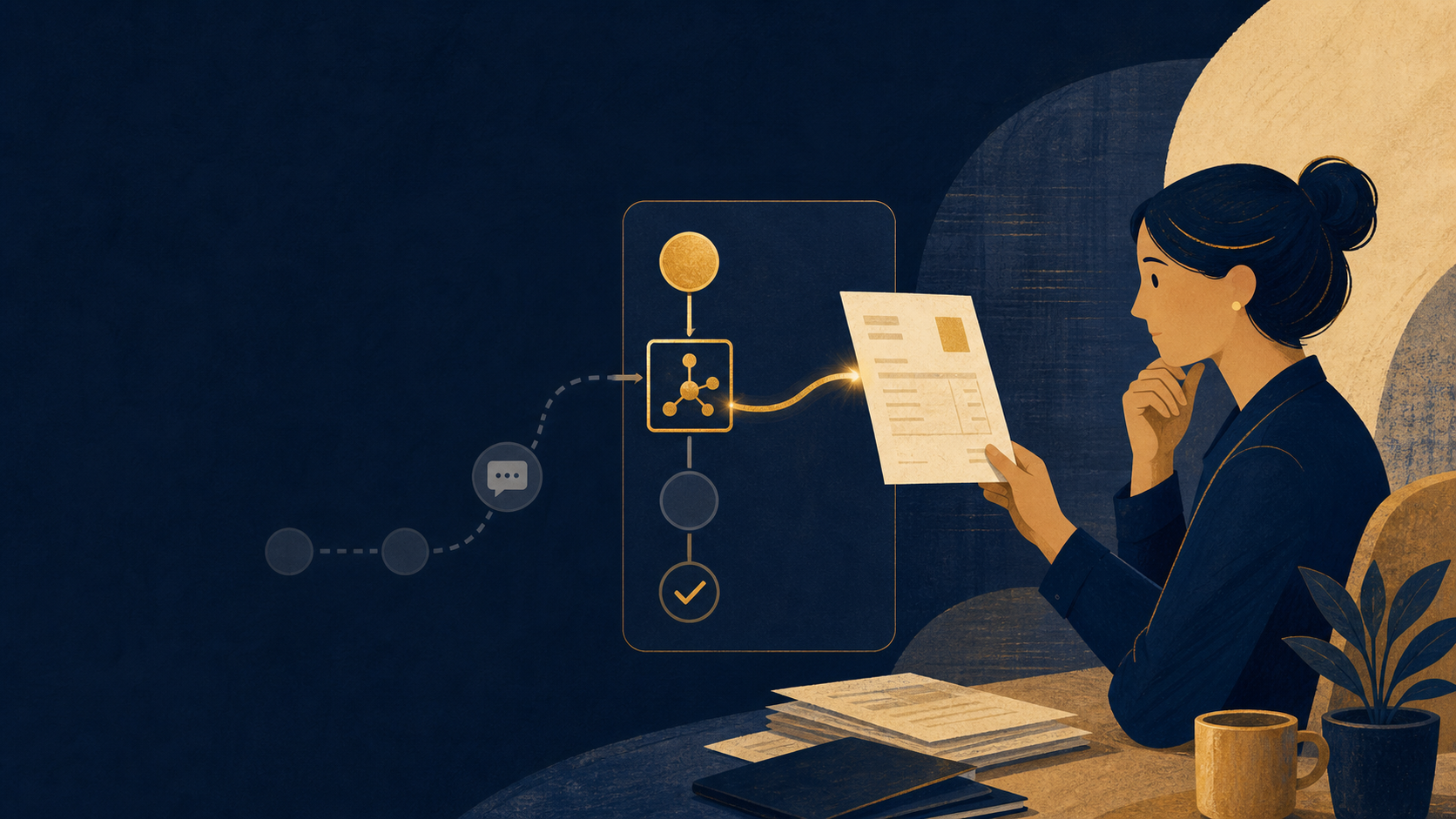 An illustrated finance professional guides a supplier invoice into a clearly approved AI workflow while an unstructured chat route fades away.