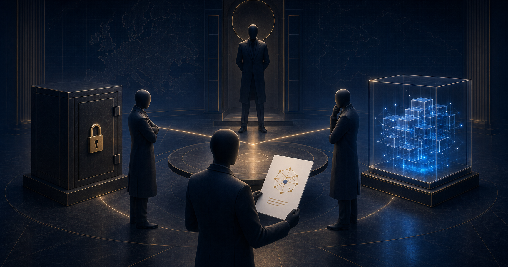 Four abstract parties around an AI-model controversy: a protected vault, an open model, an official scrutiny position, and a white paper proposing lawful open weights.