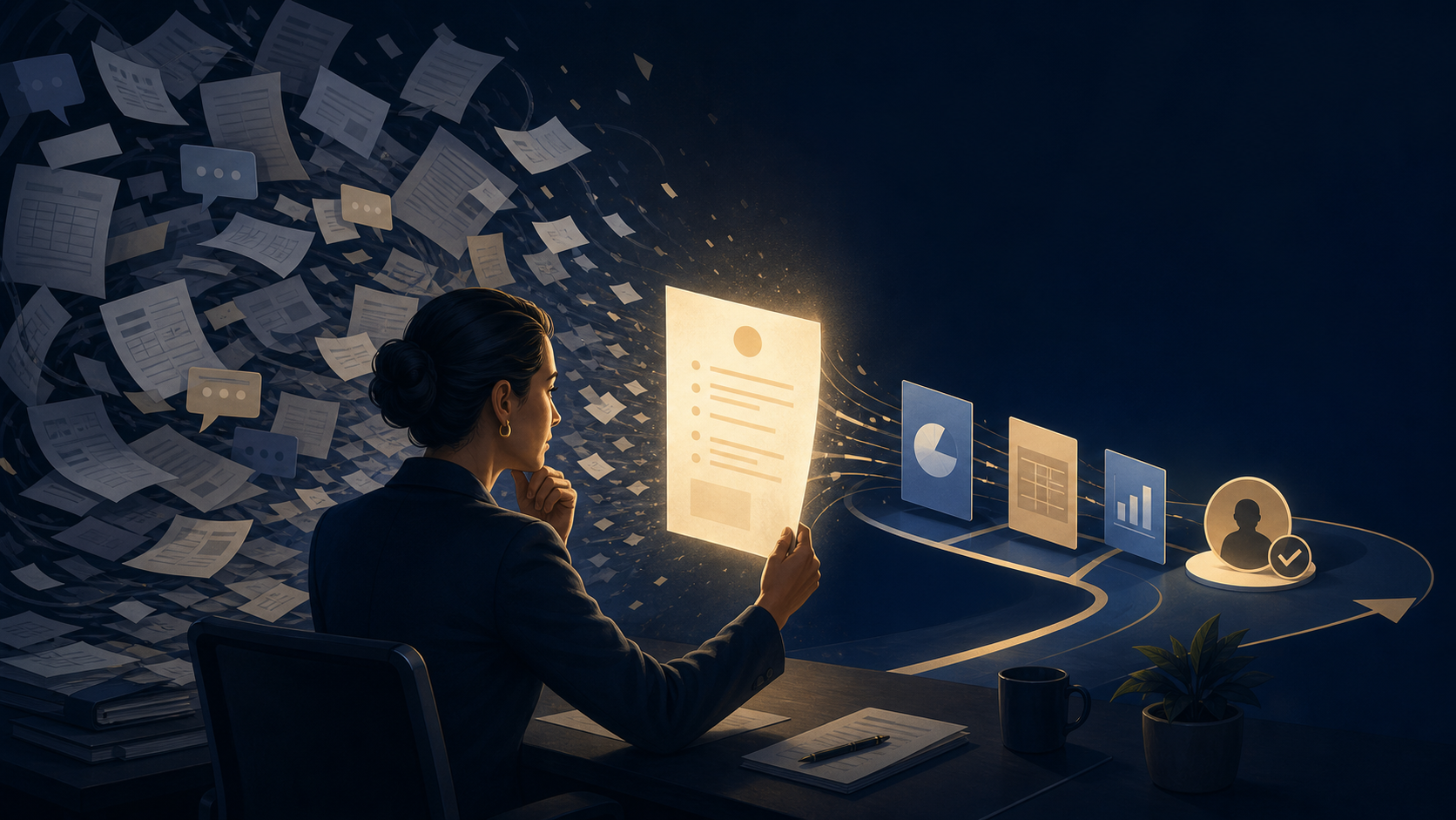 A finance-operations leader turns a storm of invoices and unclear requests into a structured, accountable AI decision path through one clear briefing.