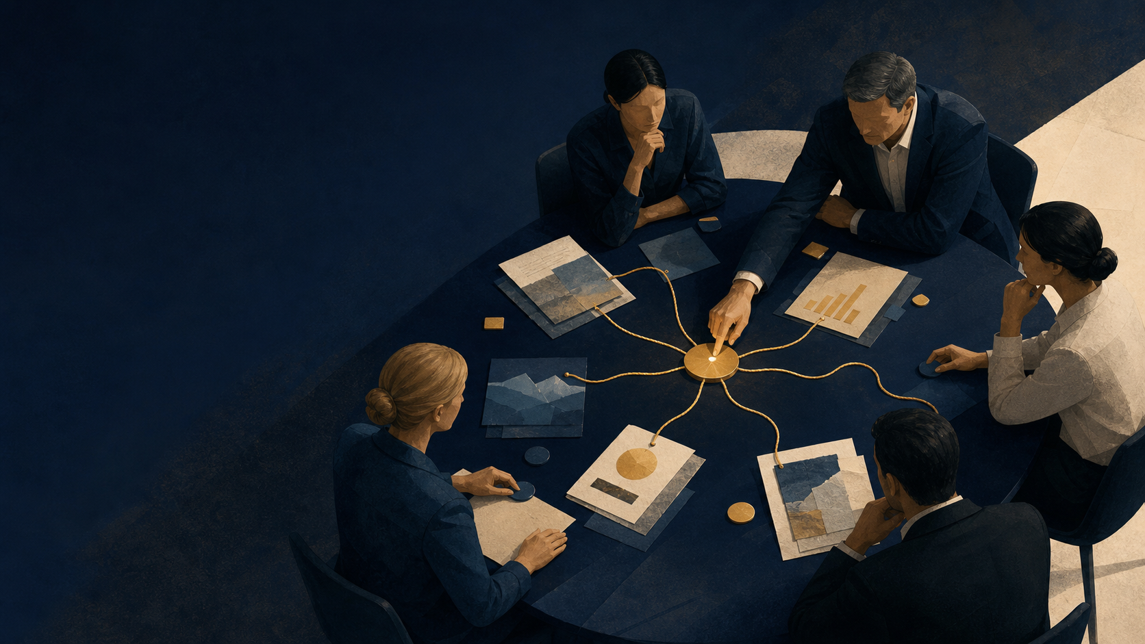 An editorial scene of a leadership team mapping evidence and stakeholder perspectives toward a shared decision, in PathPatron navy, gold and warm cream.
