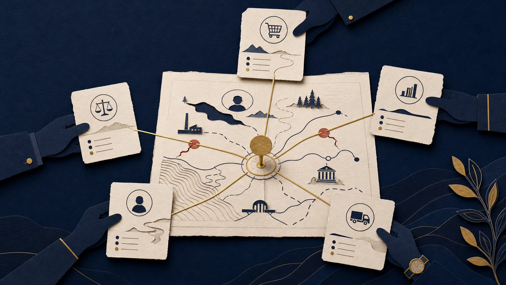 An editorial map of a cross-functional work case, showing people, evidence cards and a shared decision point in PathPatron navy, gold and warm cream.