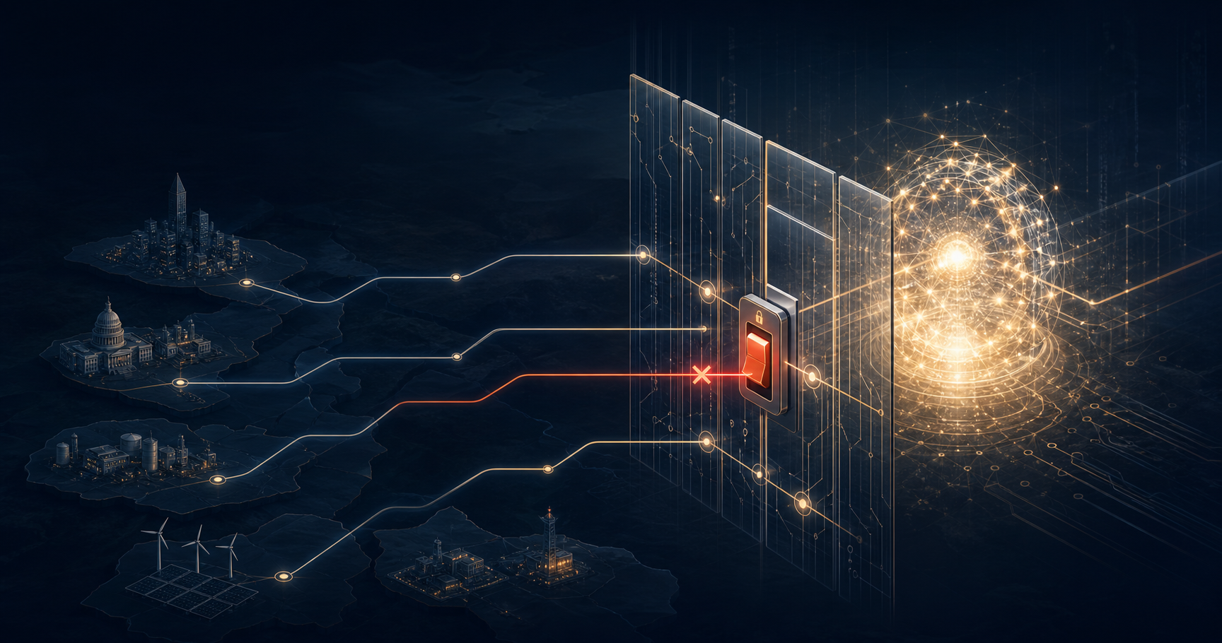 Abstract access gate protecting a luminous AI capability layer, representing AI sovereignty and strategic dependency