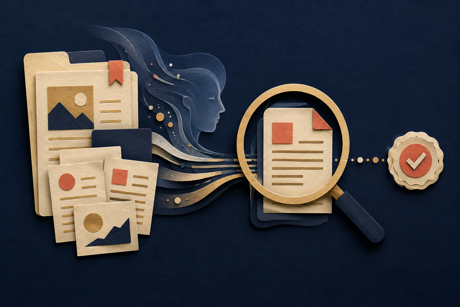 Paper-cut illustration of AI assistance preparing a draft from source material for human review.