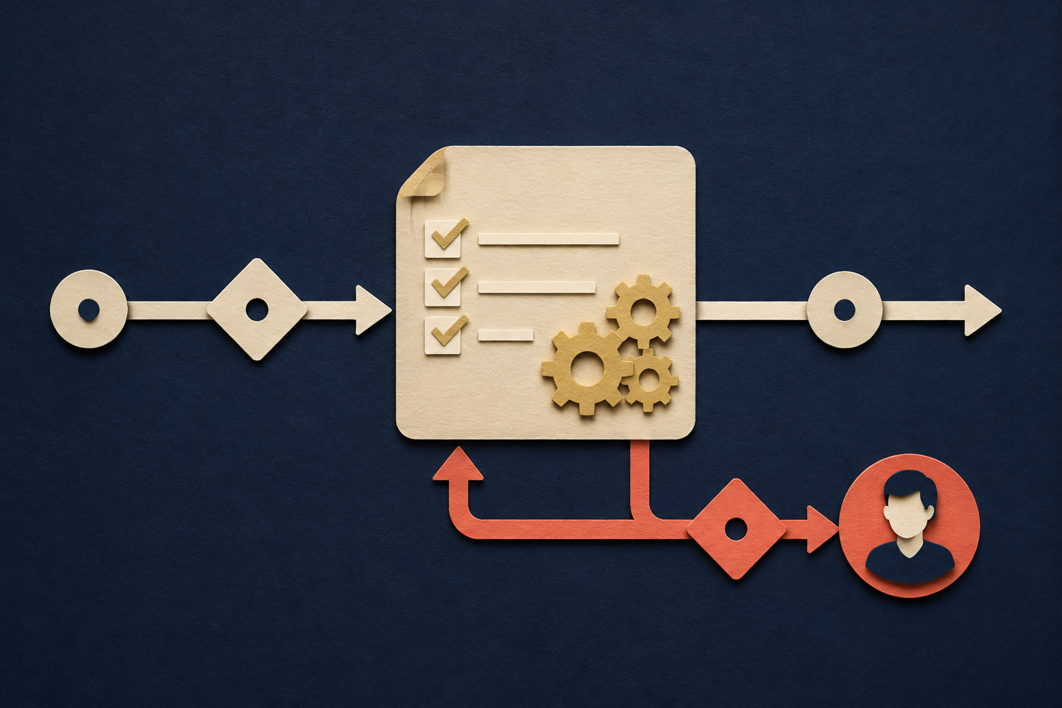 Paper-cut illustration of a predictable rule-based automation flow with an exception route.