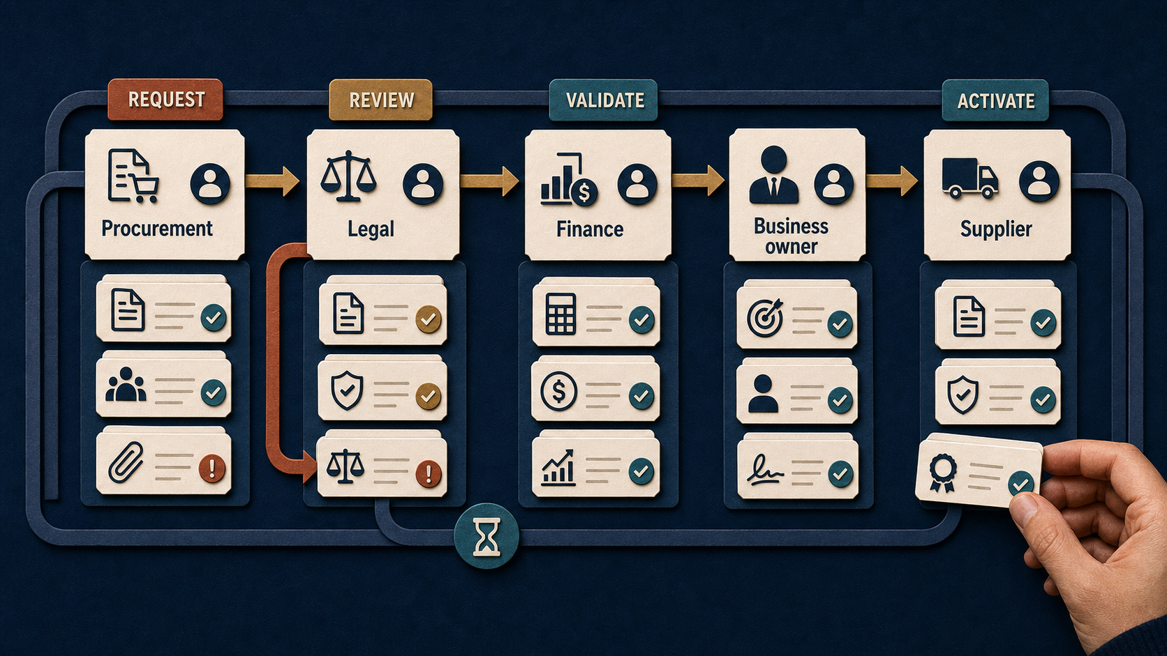 A tactile paper-cut Work Map continuation: Procurement, Legal, Finance, business owner and supplier cards accumulate evidence and task cards around a live workflow loop, including a visible rework loop and waiting-time marker.