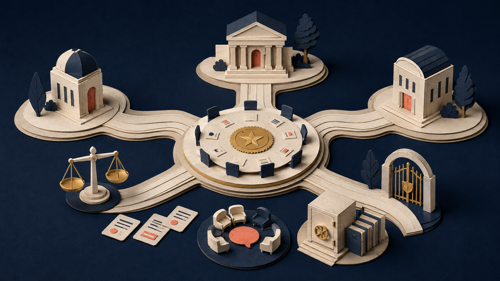 A dark-navy PathPatron paper-cut illustration of independent institutions coordinating through shared trust, evidence, accountability and public-interest AI infrastructure.