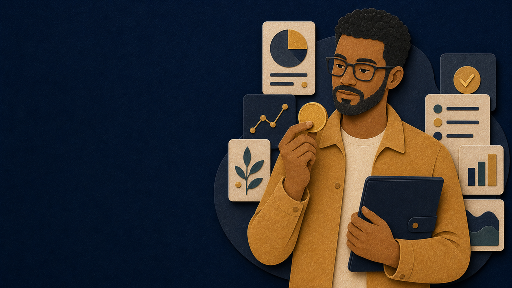 Paper-cut Buyer persona weighing value with a coin and purchase folder