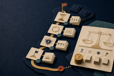 A tactile paper-cut evidence ledger: a process route of cards leads to a balance scale and a small stacked euro coin token, making the cost of unresolved process pain visible.