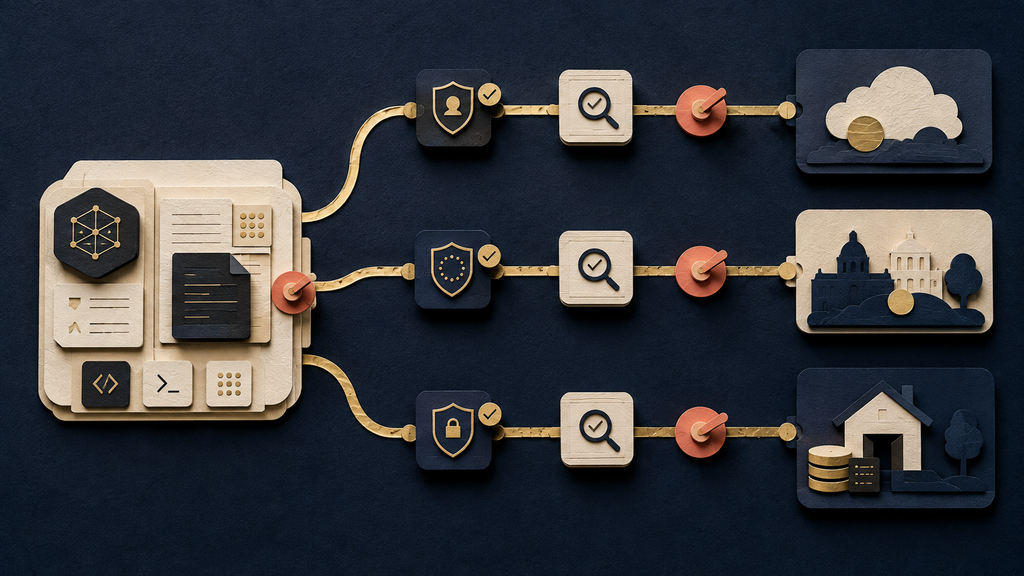 Four abstract parties around an AI-model controversy: a protected vault, an open model, an official scrutiny position, and a white paper proposing lawful open weights.