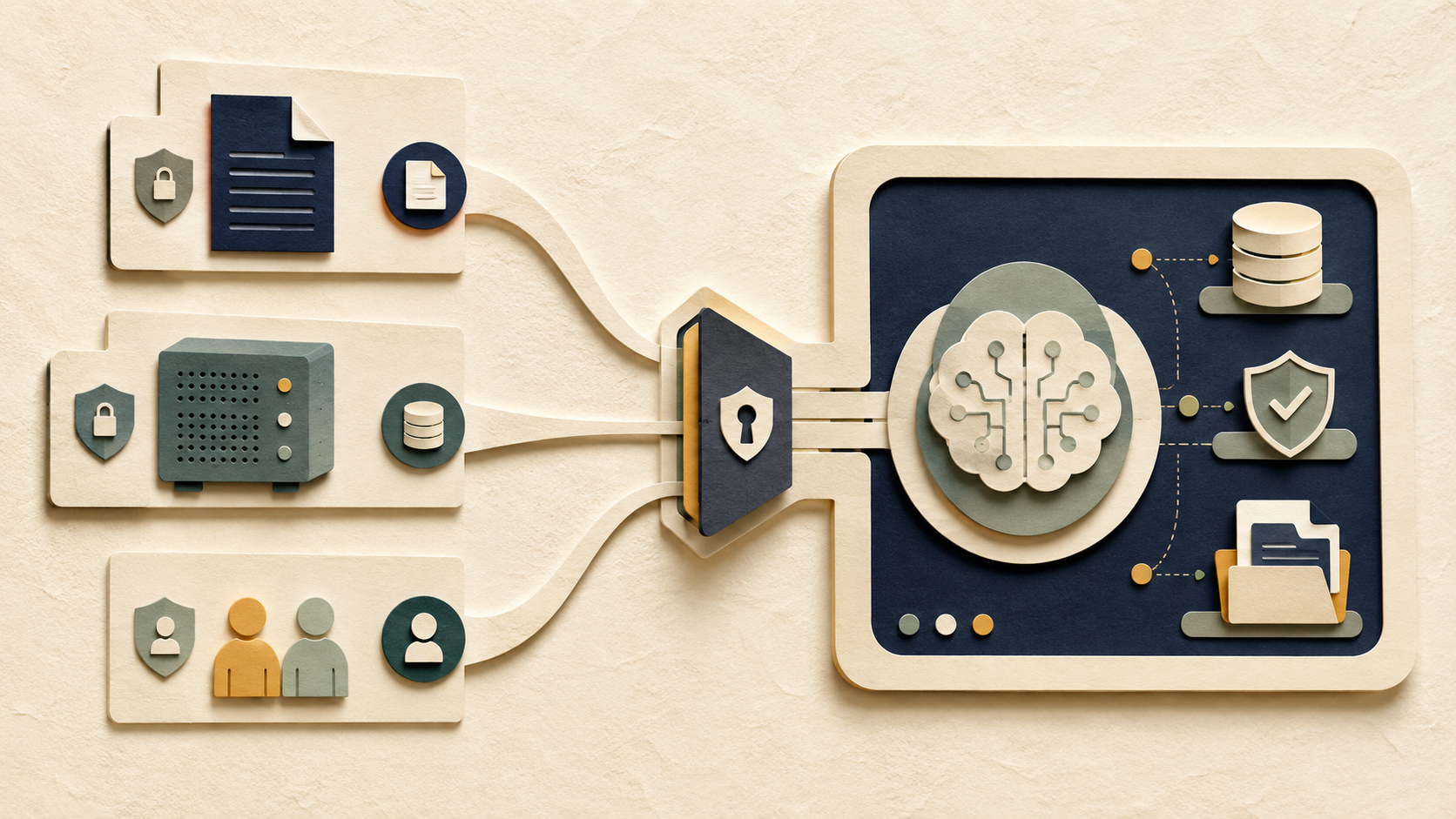 An elegant paper-cut illustration of a small advisory firm’s controlled local AI setup: secure workstation, client library, human review and operational safeguards.