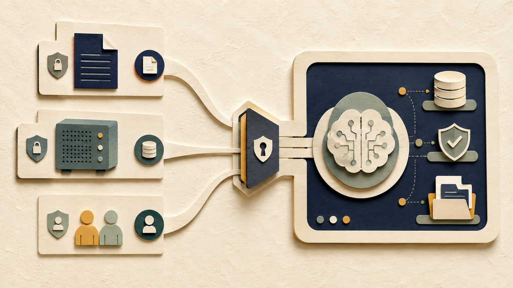 An elegant paper-cut illustration of a small advisory firm’s controlled local AI setup: secure workstation, client library, human review and operational safeguards.