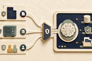 An elegant paper-cut illustration of a small advisory firm’s controlled local AI setup: secure workstation, client library, human review and operational safeguards.