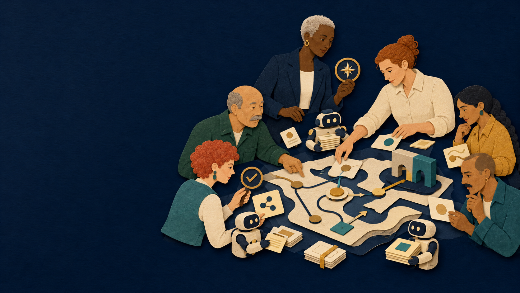 A rich navy PathPatron paper-cut illustration of the recurring AI-enabled team around a shared decision map, with the Owner overseeing supporting agents.
