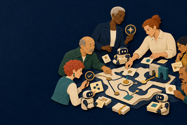 A rich navy PathPatron paper-cut illustration of the recurring AI-enabled team around a shared decision map, with the Owner overseeing supporting agents.