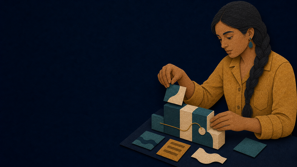 Paper-cut Implementer persona assembling modular working pieces