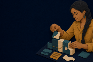 Paper-cut Implementer persona assembling modular working pieces