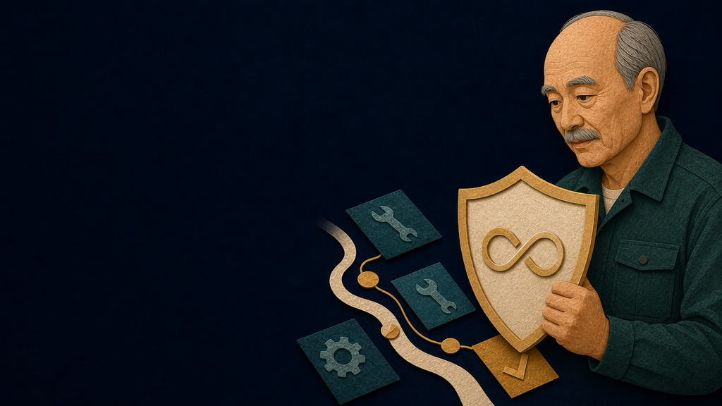 Paper-cut Maintainer persona protecting continuity with a shield