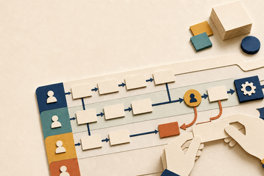 A tactile paper-cut process map with layered paper role lanes, sequential work cards, a rework loop and two stylised paper hands placing a card at the human validation checkpoint.