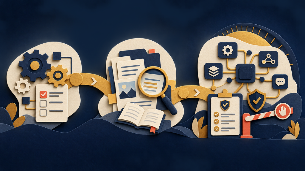 A dark-navy PathPatron paper-cut continuum showing transparent automation, reviewed AI assistance and governed agent workflows.