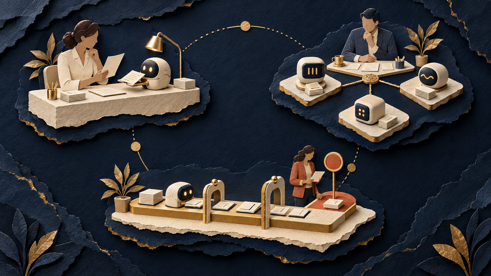 A rich navy PathPatron paper-cut illustration showing three equal AI arrangements: a human using one constrained assistant, a human coordinating a role-specific suite, and a bounded workflow lane with a human exception checkpoint.