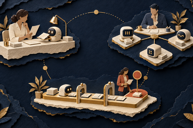 A rich navy PathPatron paper-cut illustration showing three equal AI arrangements: a human using one constrained assistant, a human coordinating a role-specific suite, and a bounded workflow lane with a human exception checkpoint.