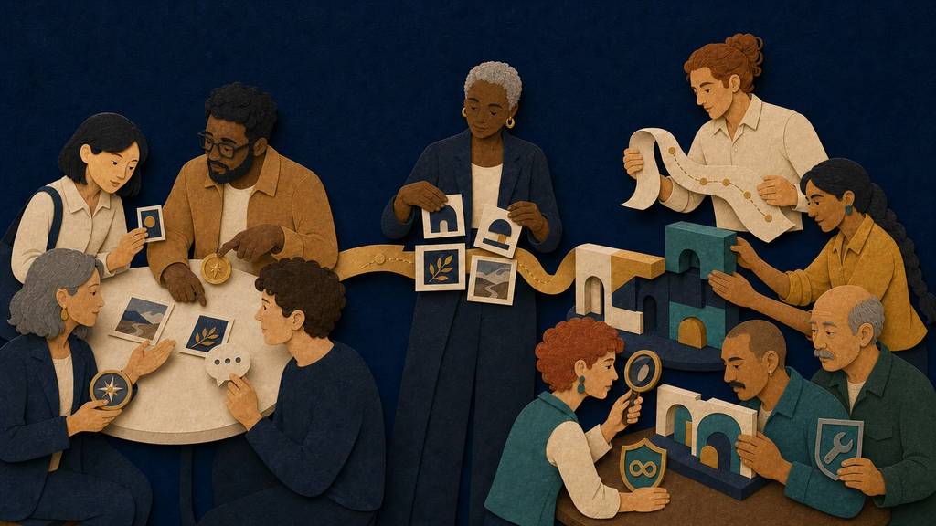 A tactile paper-cut illustration of the ten PathPatron People personas: four Targets shape the problem, an Owner connects their priorities, and five remaining Transformers build, test and sustain a shared system.