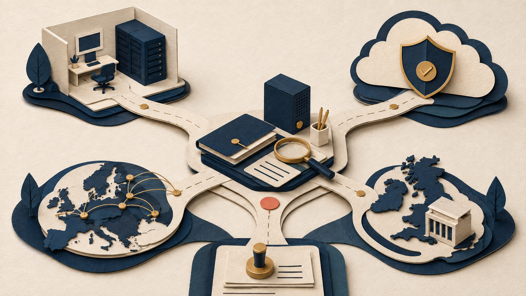 A tactile PathPatron paper-cut illustration of a governed research assistant with four deliberate operating routes: a local German boundary, a qualified French component, a controlled European hybrid and a UK boundary.