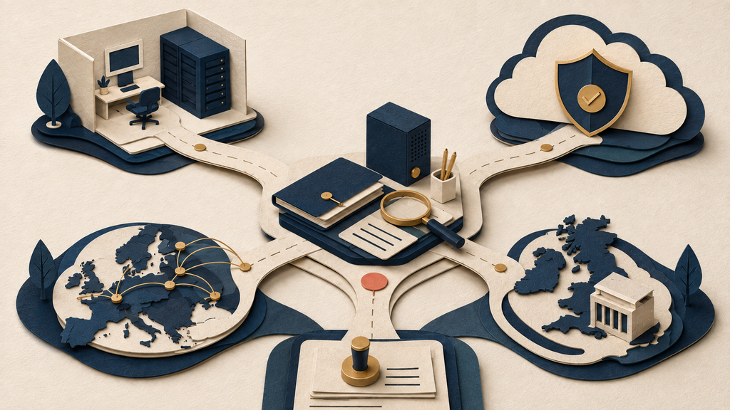 A tactile PathPatron paper-cut illustration of a governed research assistant with four deliberate operating routes: a local German boundary, a qualified French component, a controlled European hybrid and a UK boundary.
