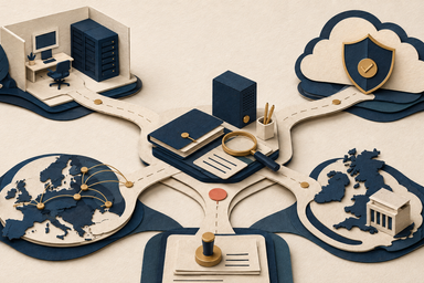 A tactile PathPatron paper-cut illustration of a governed research assistant with four deliberate operating routes: a local German boundary, a qualified French component, a controlled European hybrid and a UK boundary.