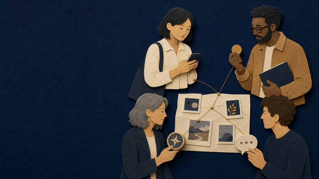 Paper-cut map of four distinct target personas around a shared decision map