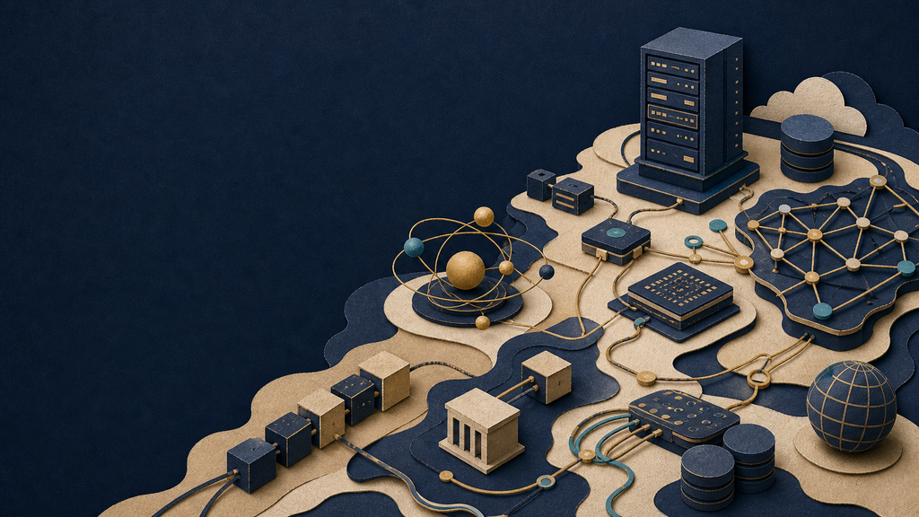 A tactile paper-cut technology landscape connecting foundational infrastructure with emerging technology choices