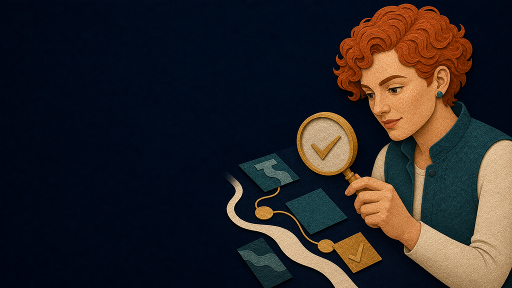 Paper-cut Tester persona examining a quality path with a magnifier
