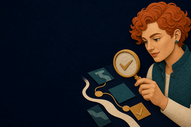 Paper-cut Tester persona examining a quality path with a magnifier