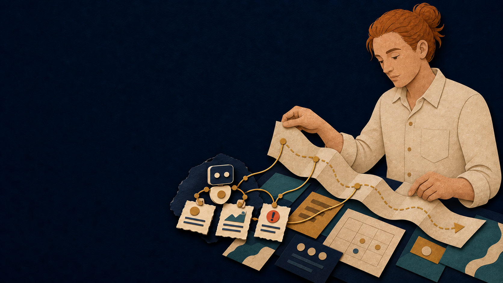 Paper-cut Organizer guiding a route while a bounded AI agent routes status cards and raises an escalation