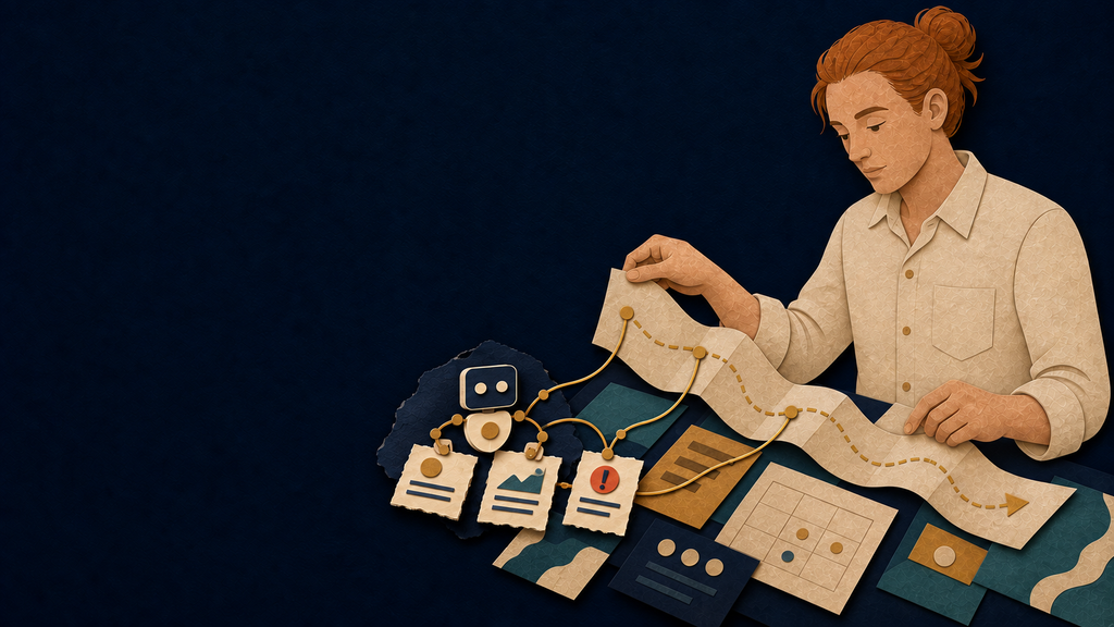 Paper-cut Organizer guiding a route while a bounded AI agent routes status cards and raises an escalation