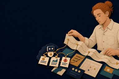 Paper-cut Organizer guiding a route while a bounded AI agent routes status cards and raises an escalation