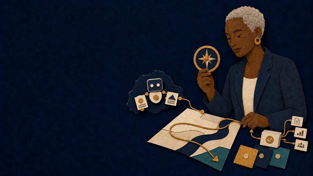 Paper-cut Owner reviewing a bounded AI agent’s evidence pack while retaining final decision authority