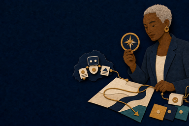 Paper-cut Owner reviewing a bounded AI agent’s evidence pack while retaining final decision authority