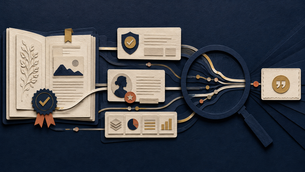 A dark-navy PathPatron paper-cut illustration of trusted source material, authored expertise and structured data converging through an AI discovery lens into a credited answer.