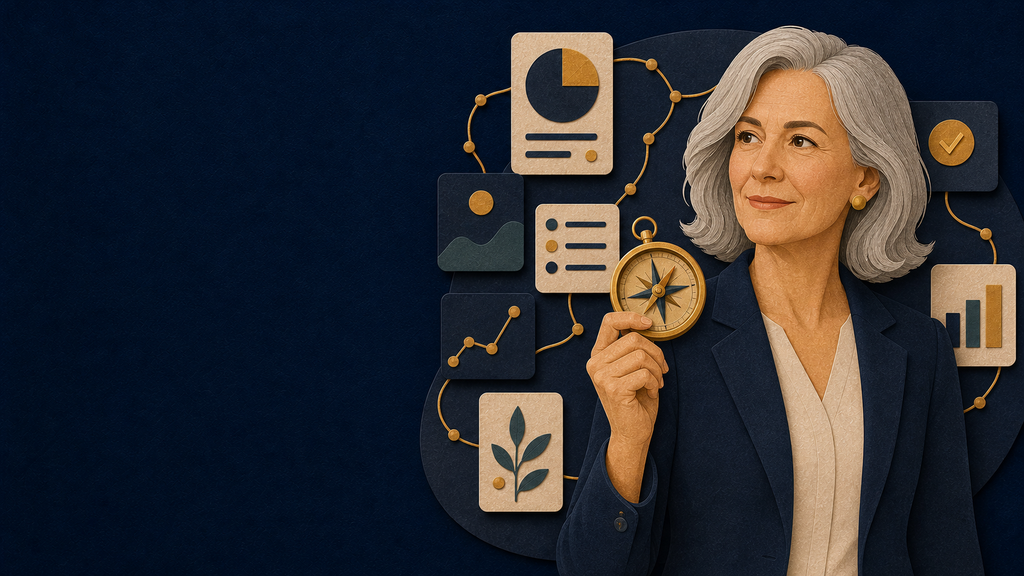 Paper-cut Decider persona using a compass over a priority map