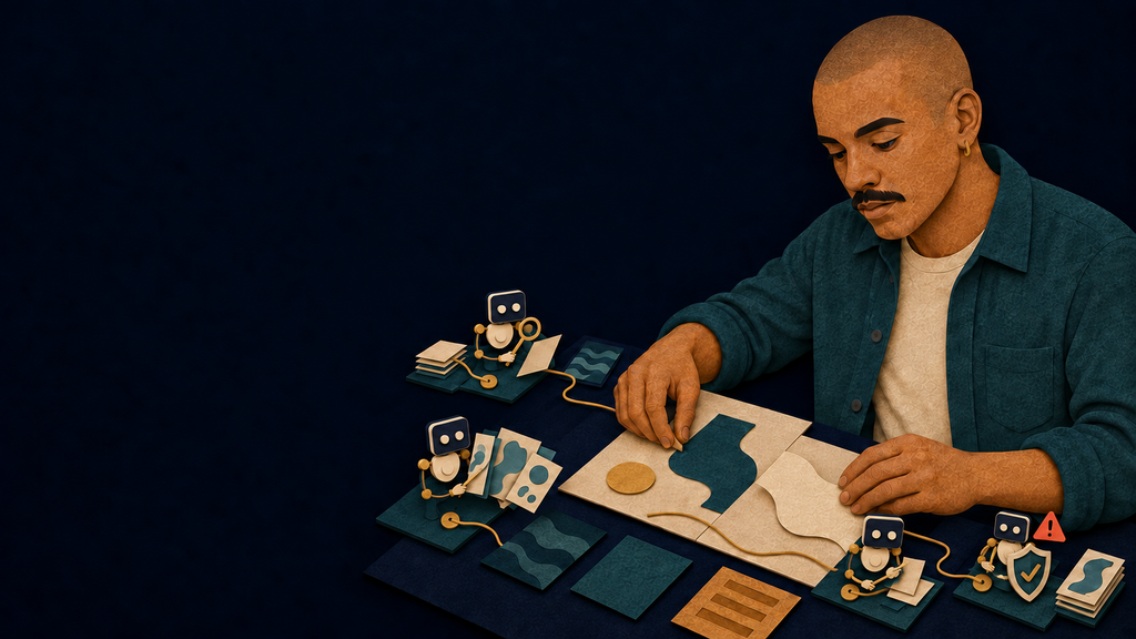 Paper-cut Creator directing a bounded studio of four small AI agents for research, concepts, prototyping and rights checks