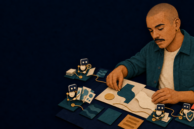 Paper-cut Creator directing a bounded studio of four small AI agents for research, concepts, prototyping and rights checks