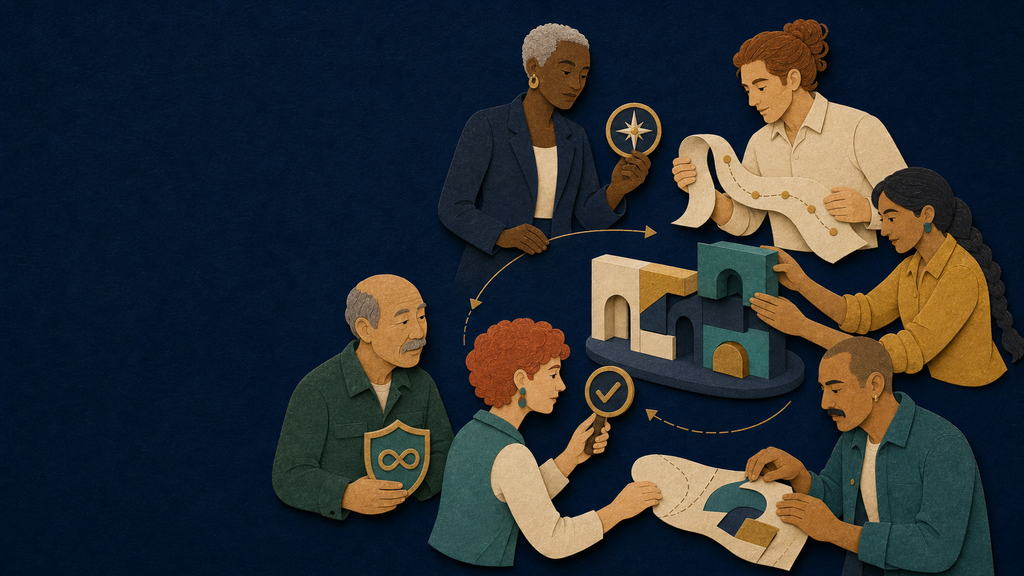 Paper-cut map of six distinct transformer personas bringing a product promise into working reality