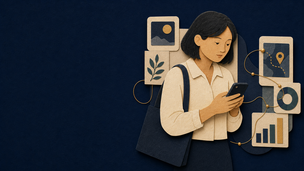 Paper-cut User persona holding a phone alongside a simple daily-use product journey