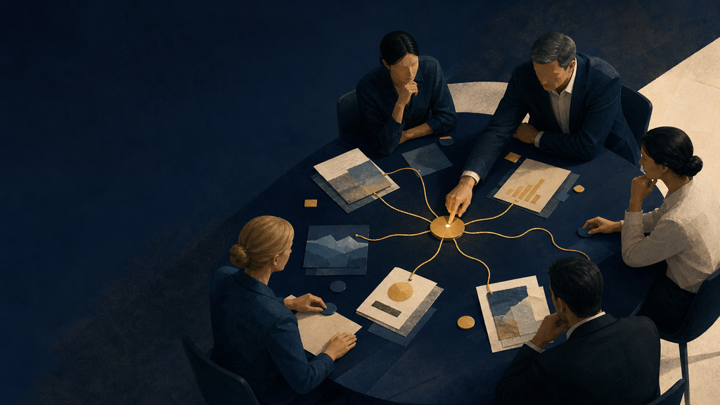 An editorial scene of a leadership team mapping evidence and stakeholder perspectives toward a shared decision, in PathPatron navy, gold and warm cream.